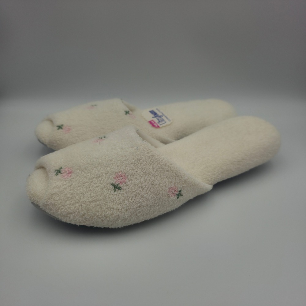 Dearfoams Ultrafoam Slippers Cream Terry Pink Floral Embroidery XL 9.5-10.5